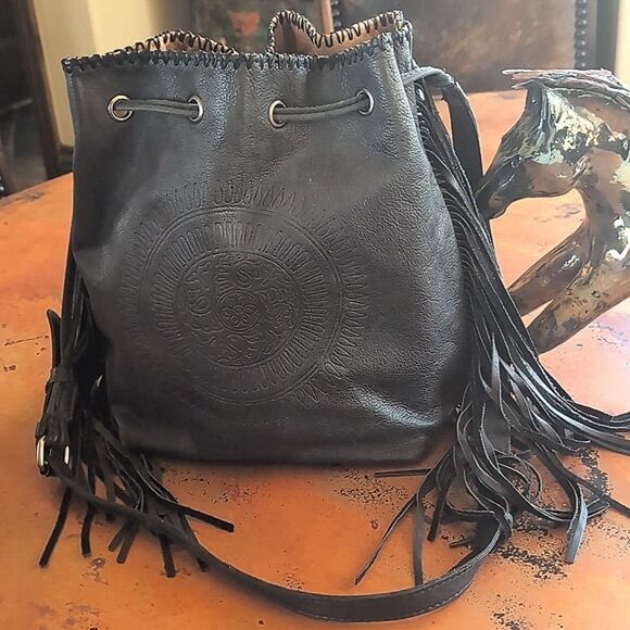 Patricia Nash Nicoletta 🖤 Black Leather Fringe Boho Bucket Bag Crossbody - Picture 7 of 16